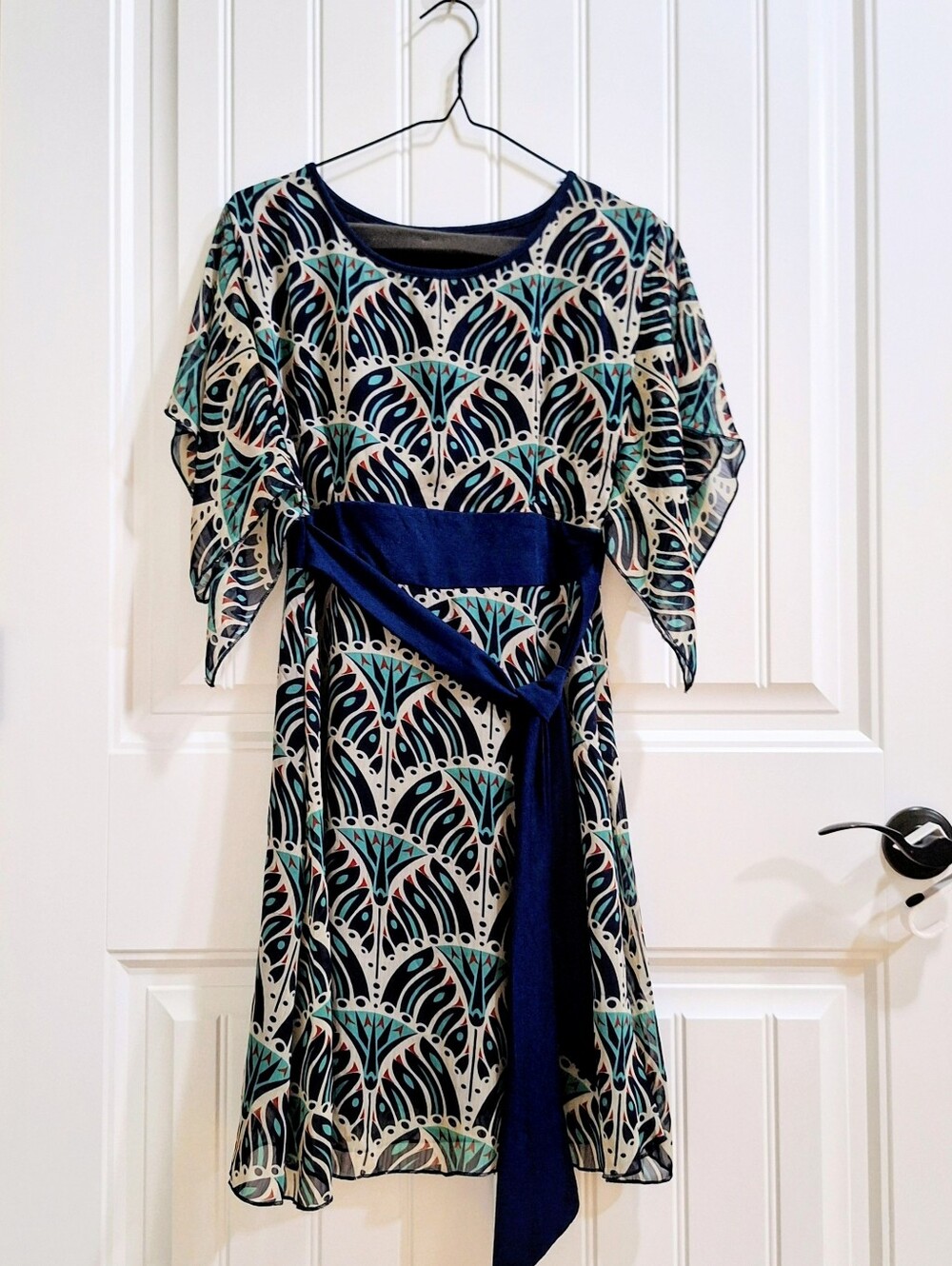 EUC Women's Navy & Teal Printed Belted Dress
